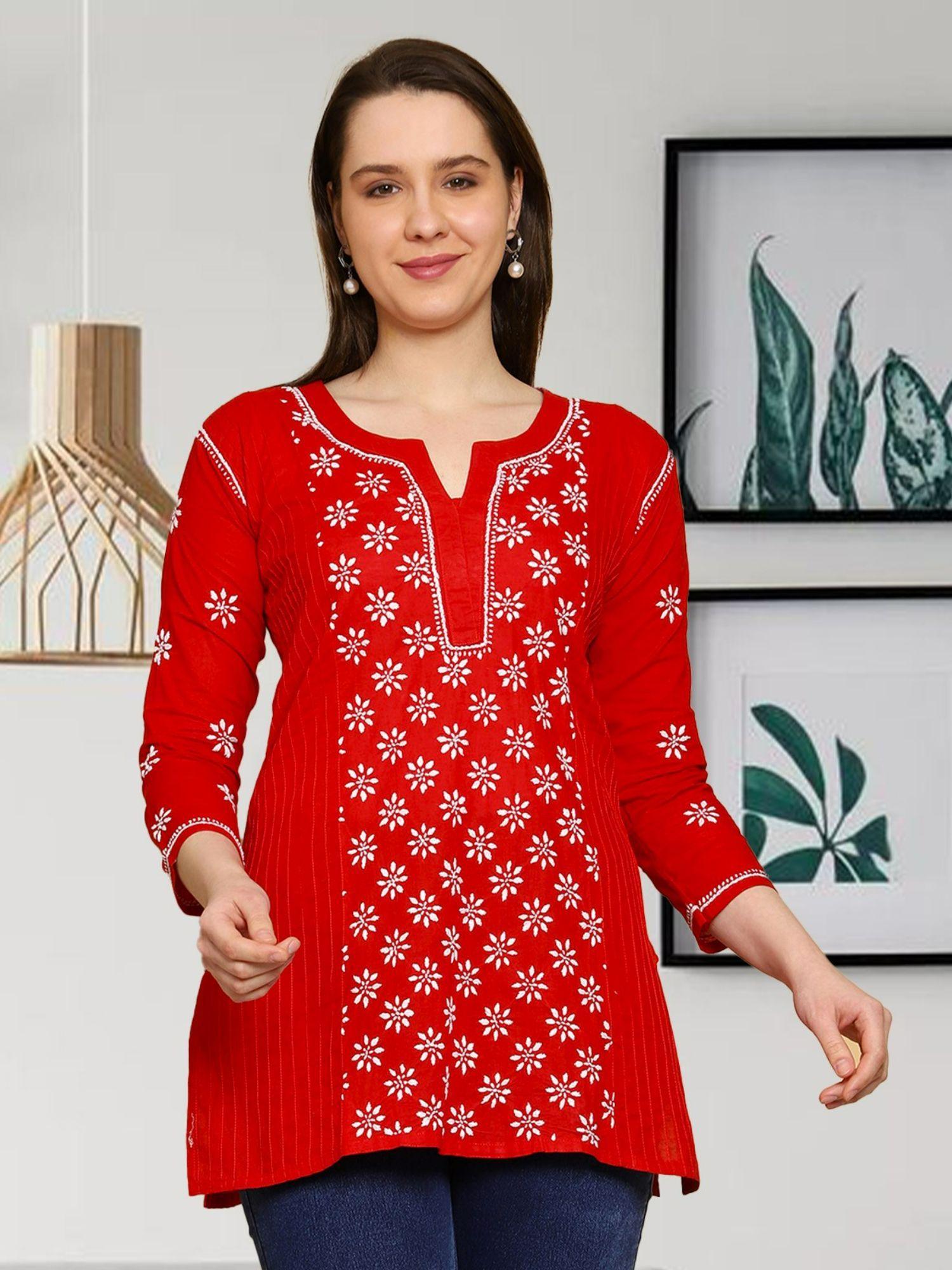 hand embroidered lucknowi chikankari side pleated red cotton kurti