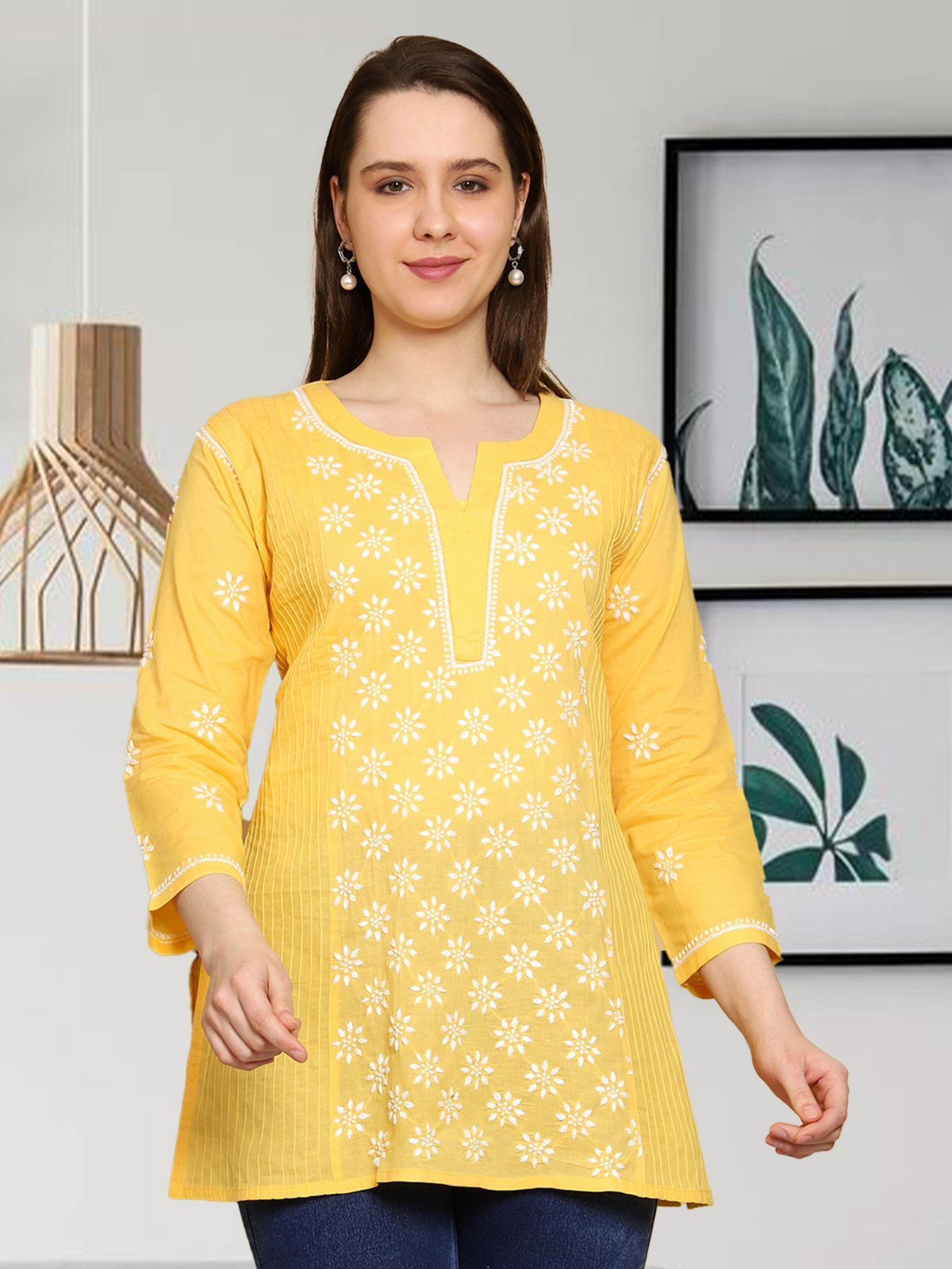 hand embroidered lucknowi chikankari side pleated yellow cotton kurti