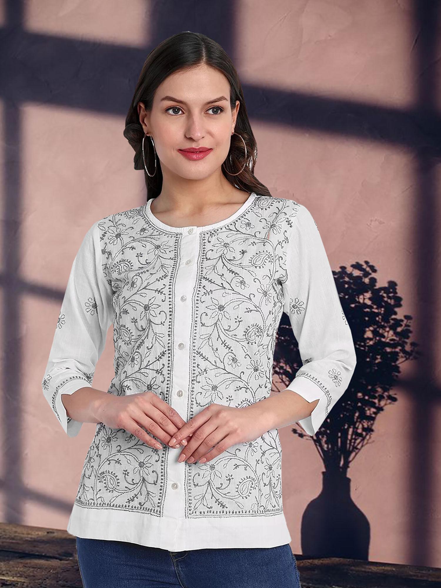 hand embroidered lucknowi chikankari white & grey cotton shirt style top