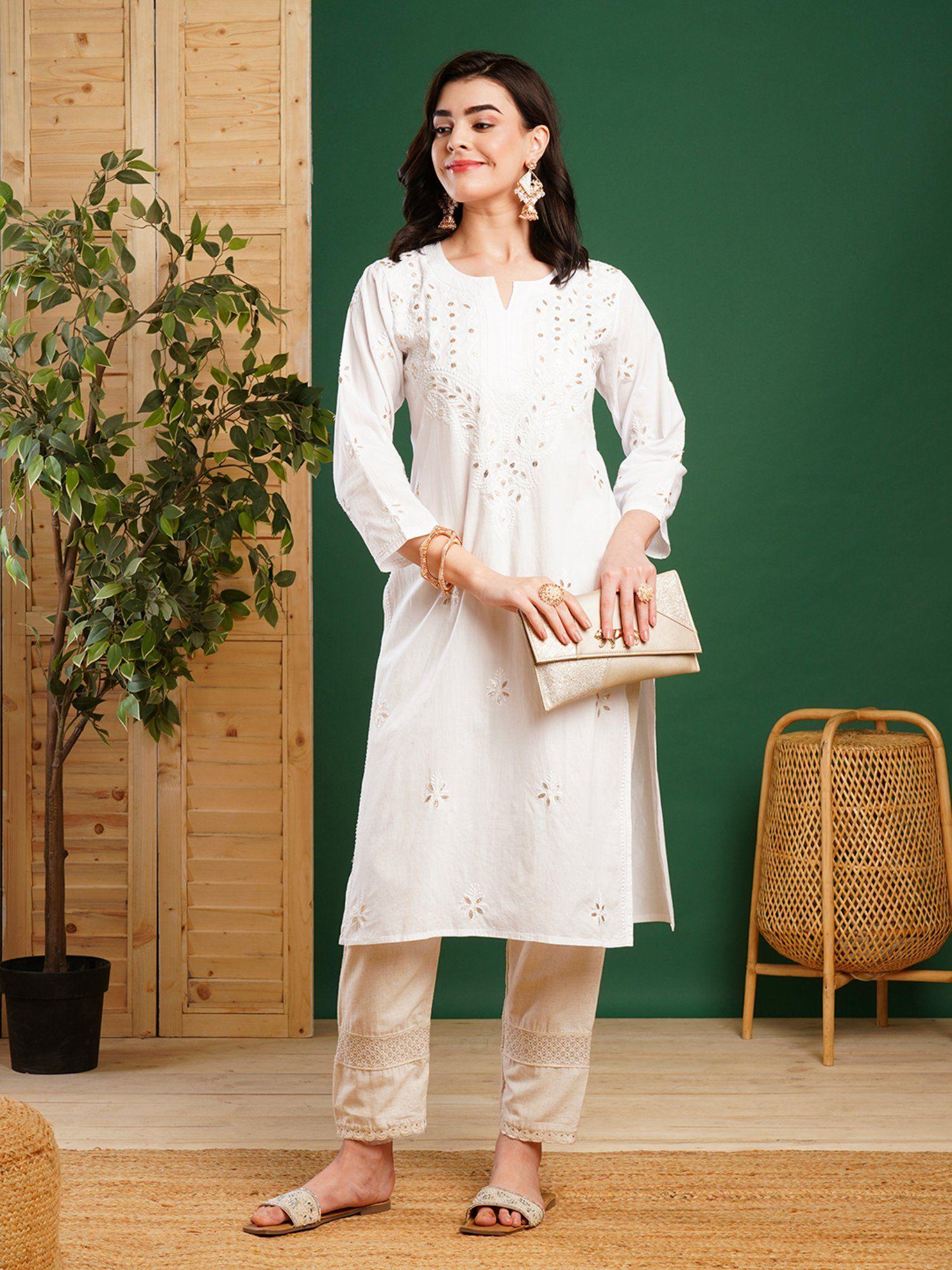 hand embroidered lucknowi chikankari white cotton kurta gota patti work