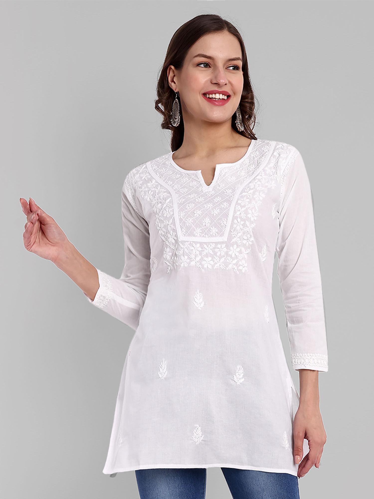 hand embroidered lucknowi chikankari white cotton kurti