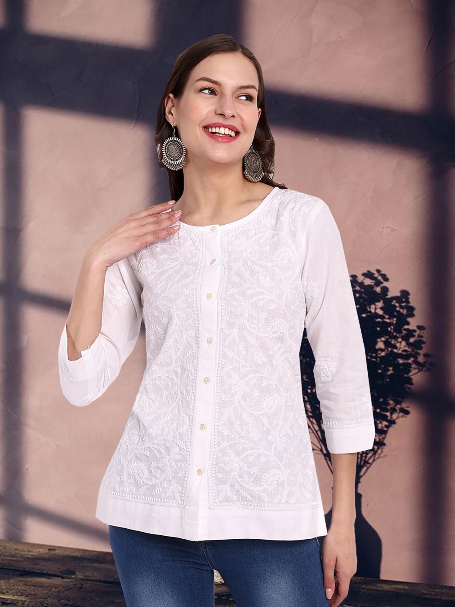 hand embroidered lucknowi chikankari white cotton shirt style top