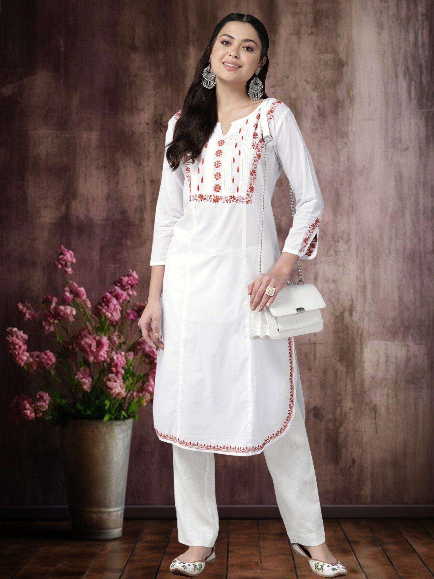 hand embroidered lucknowi chikankari white-orange cotton kurta (a411455)