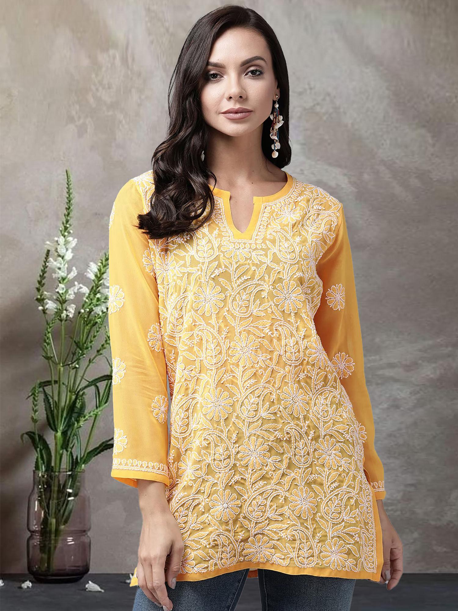 hand embroidered lucknowi chikankari yellow georgette kurti