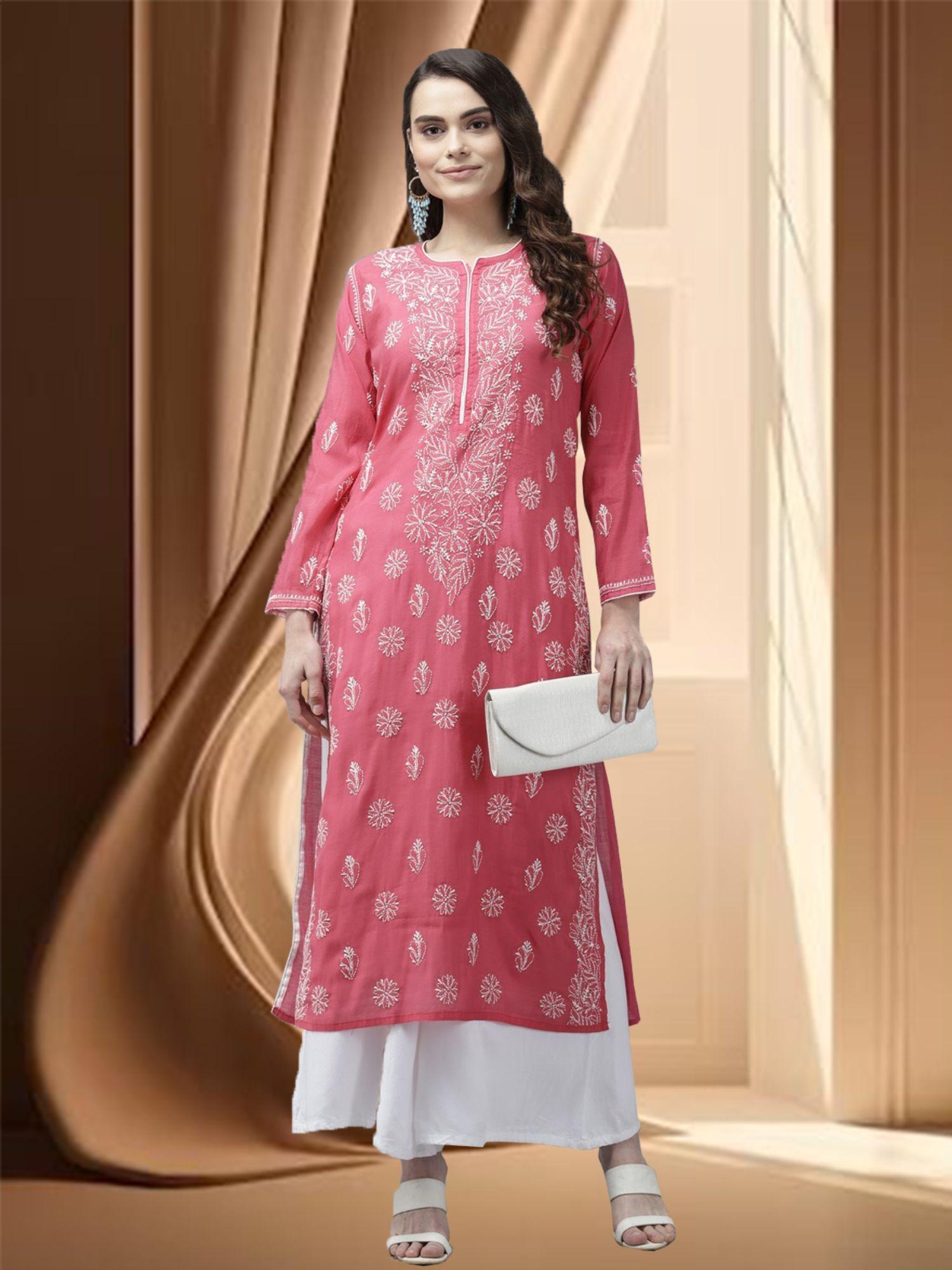 hand embroidered magenta chanderi lucknowi chikankari kurta [ a411341]