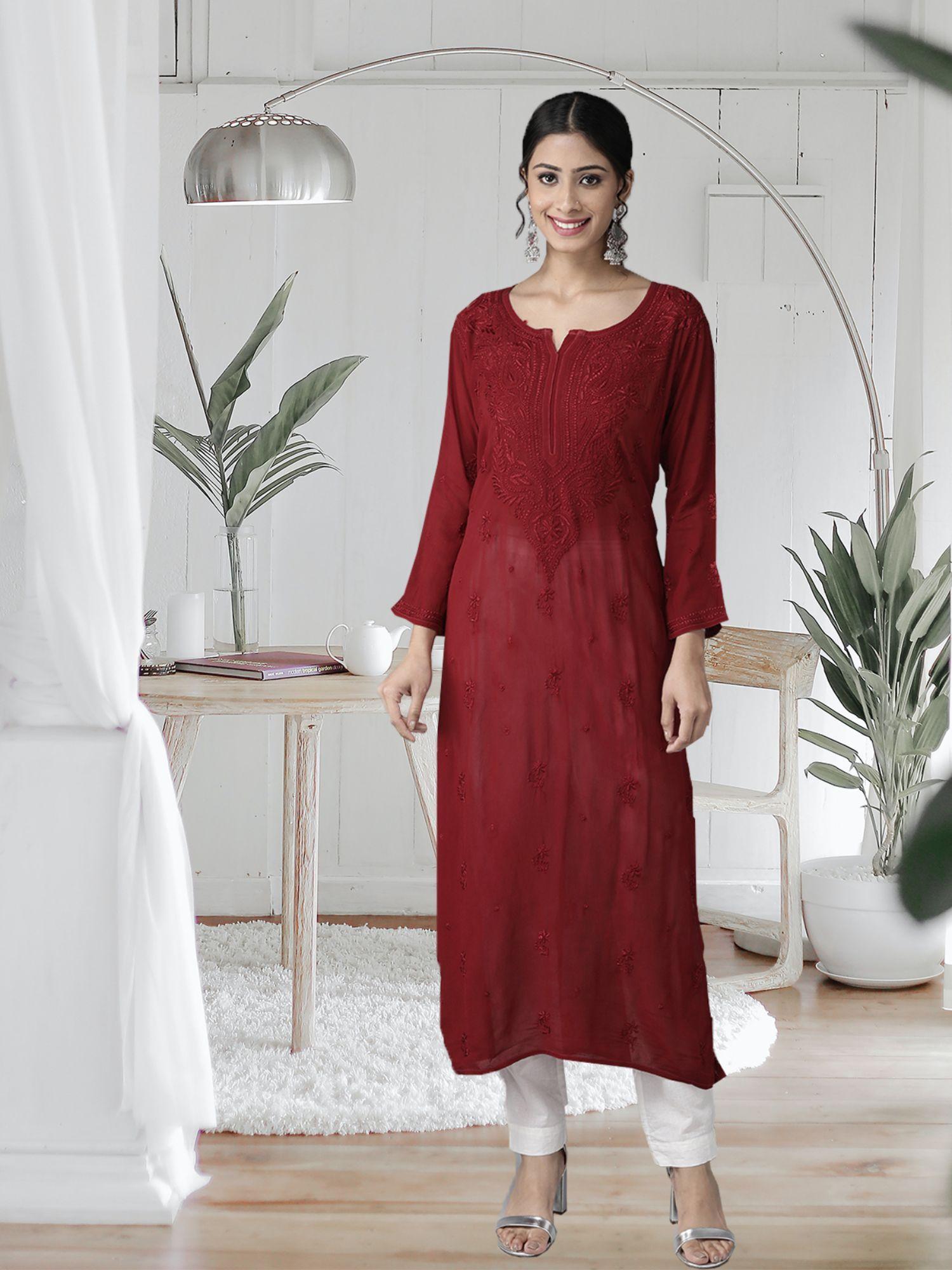 hand embroidered maroon georgette lucknowi chikan kurta (xs) (a411183)