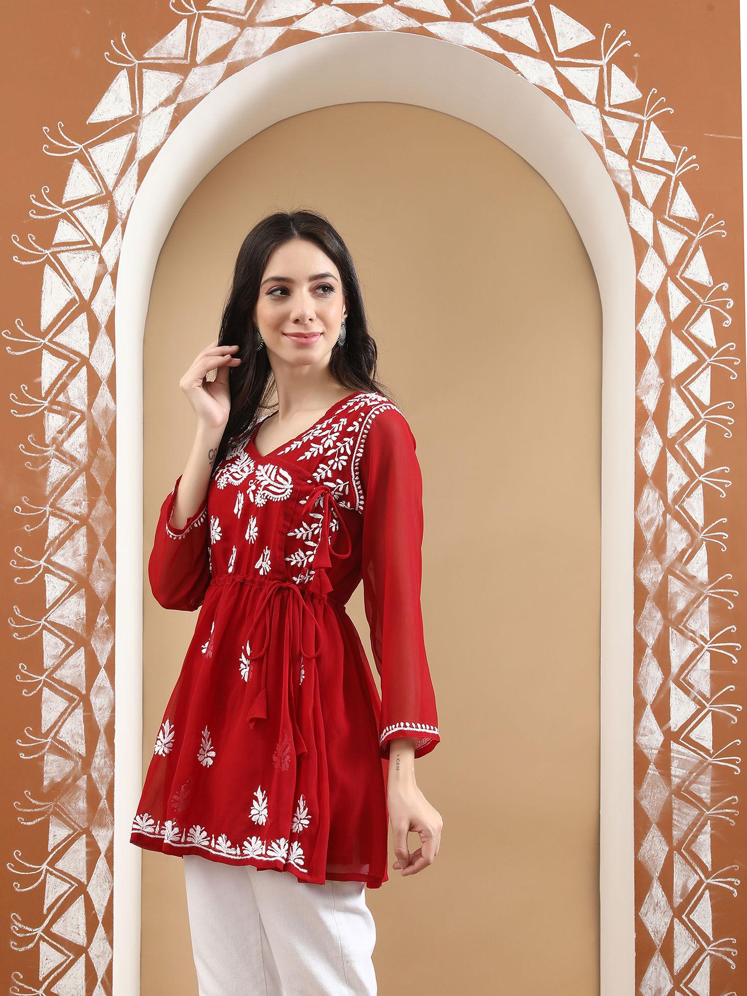 hand embroidered maroon georgette lucknowi chikankari kurti with inner (set of 2)