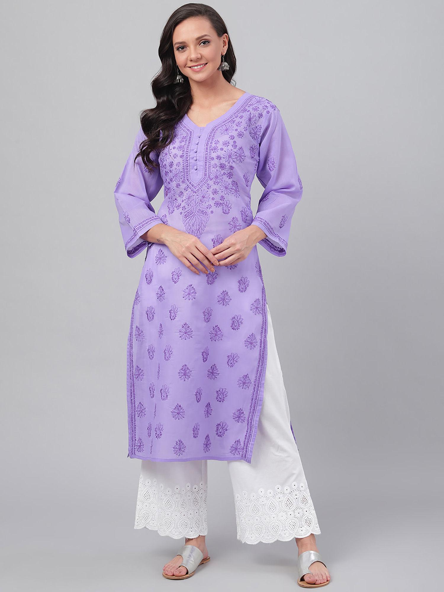 hand embroidered mauve cotton lucknow chikan kurta (xs) (a257262)