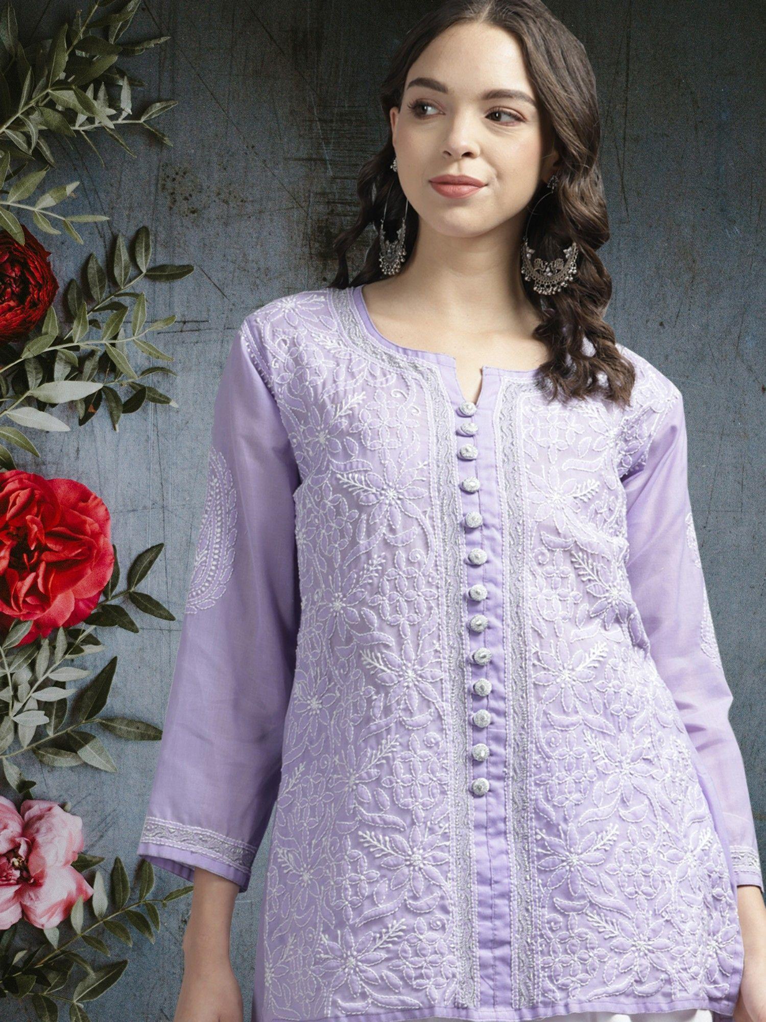 hand embroidered mauve cotton lucknow women chikankari kurti with zari work a911197