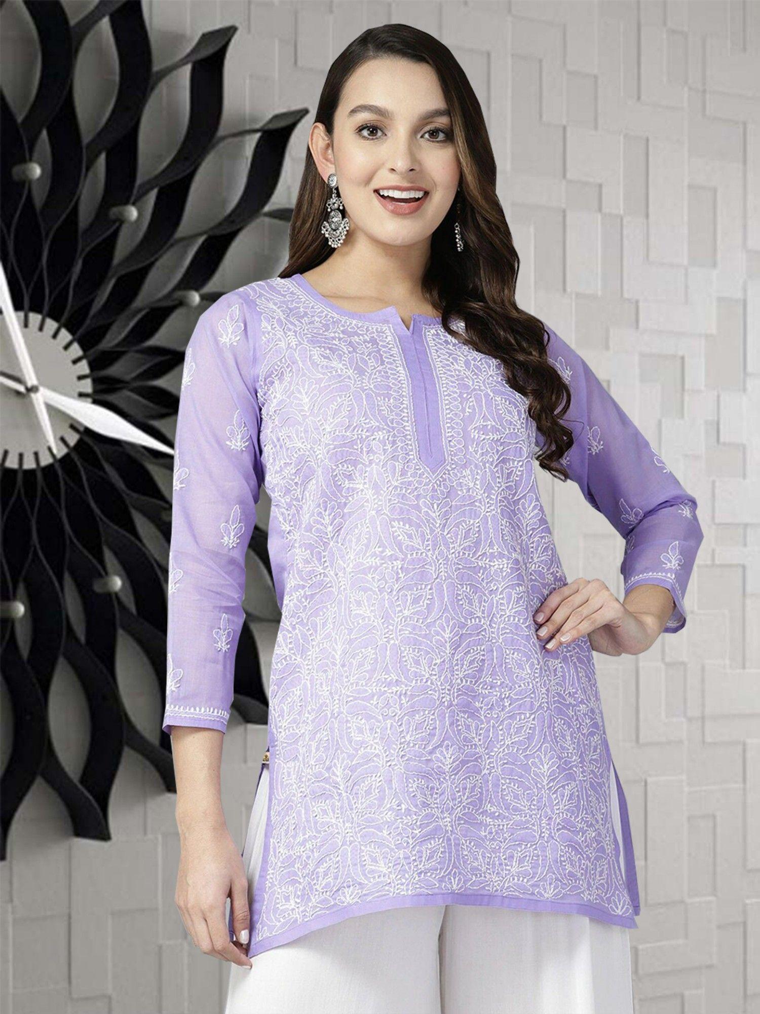 hand embroidered mauve cotton lucknowi stylish chikankari kurti