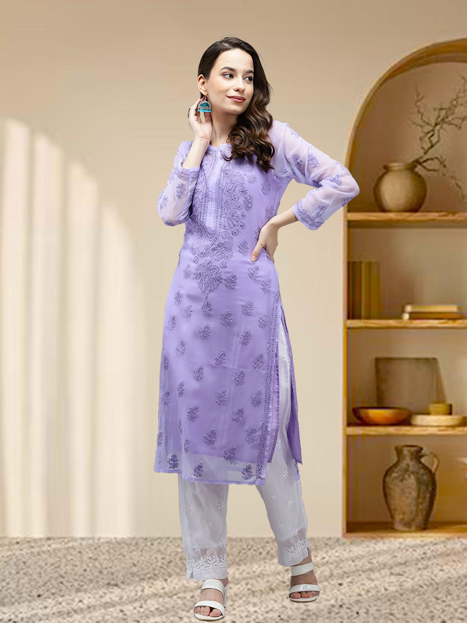 hand embroidered mauve georgette lucknow chikankari kurta with slip -a229403 (set of 2)