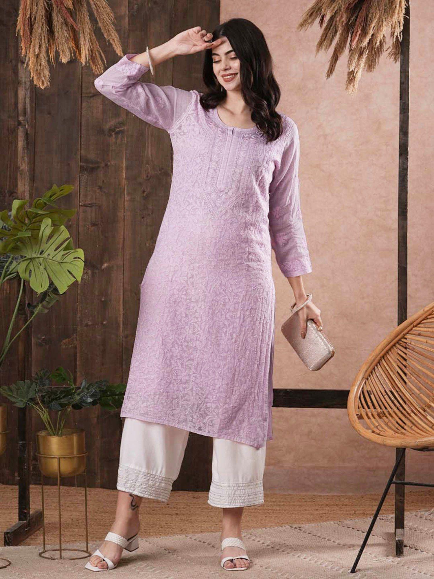 hand embroidered mauve kota lucknow chikankari kurta with slip (set of 2) (xs) (a411214)