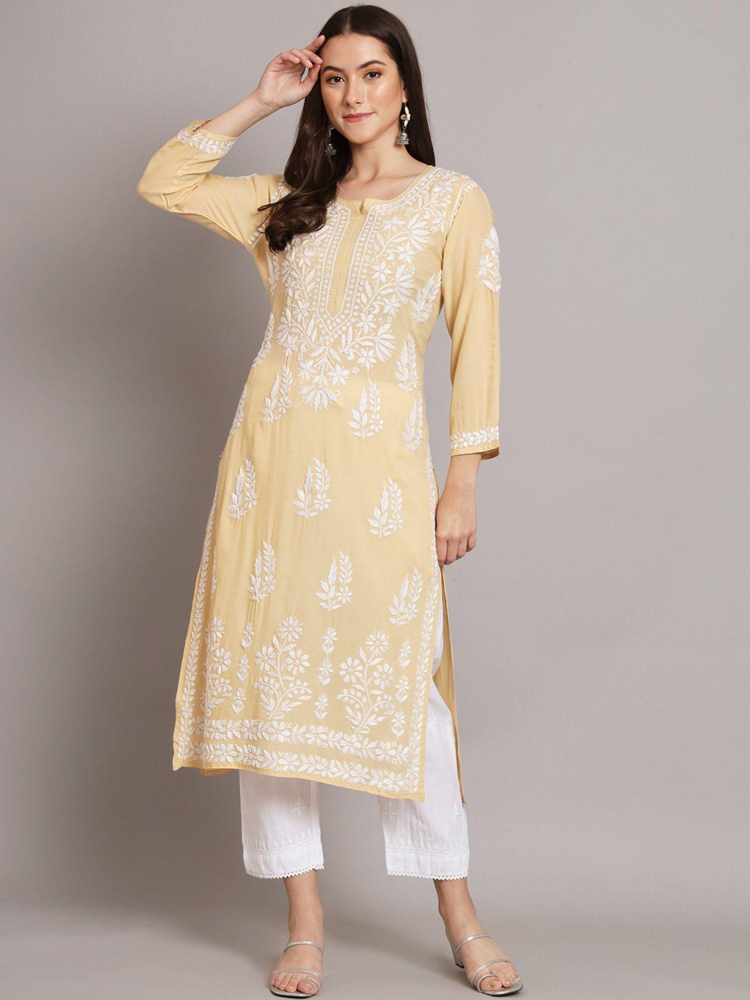 hand embroidered modal beige lucknowi chikankari kurta