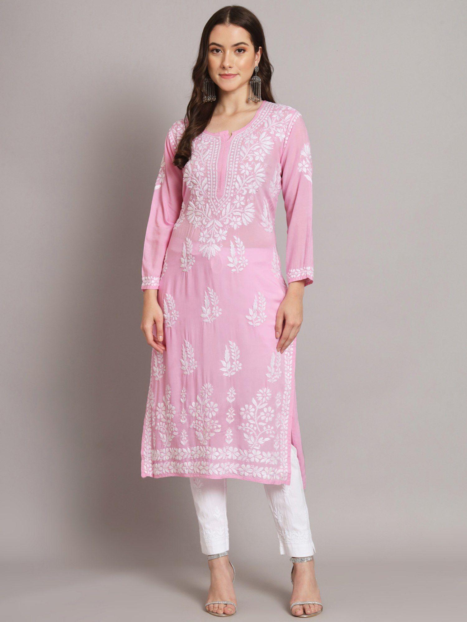 hand embroidered modal pink lucknowi chikankari kurta