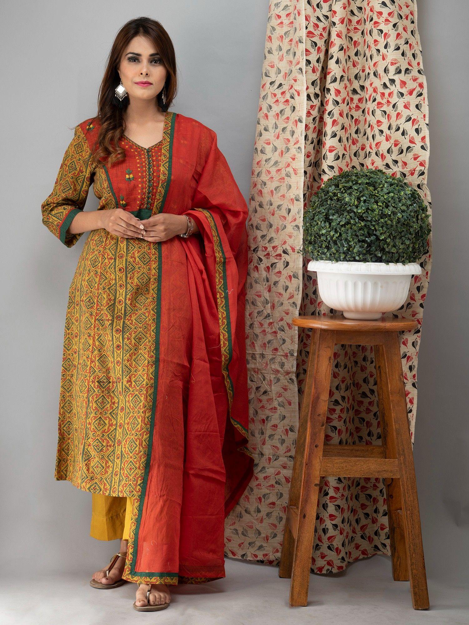 hand embroidered mustard ajrakh kurta with pants and dupatta (set of 3)