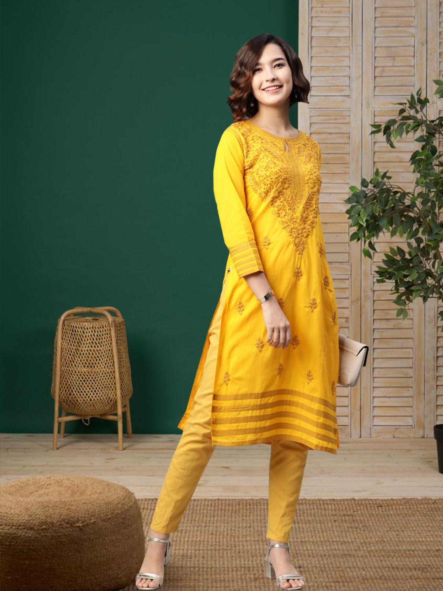 hand embroidered mustard cotton lucknow chikan kurta (xs) (a223150)