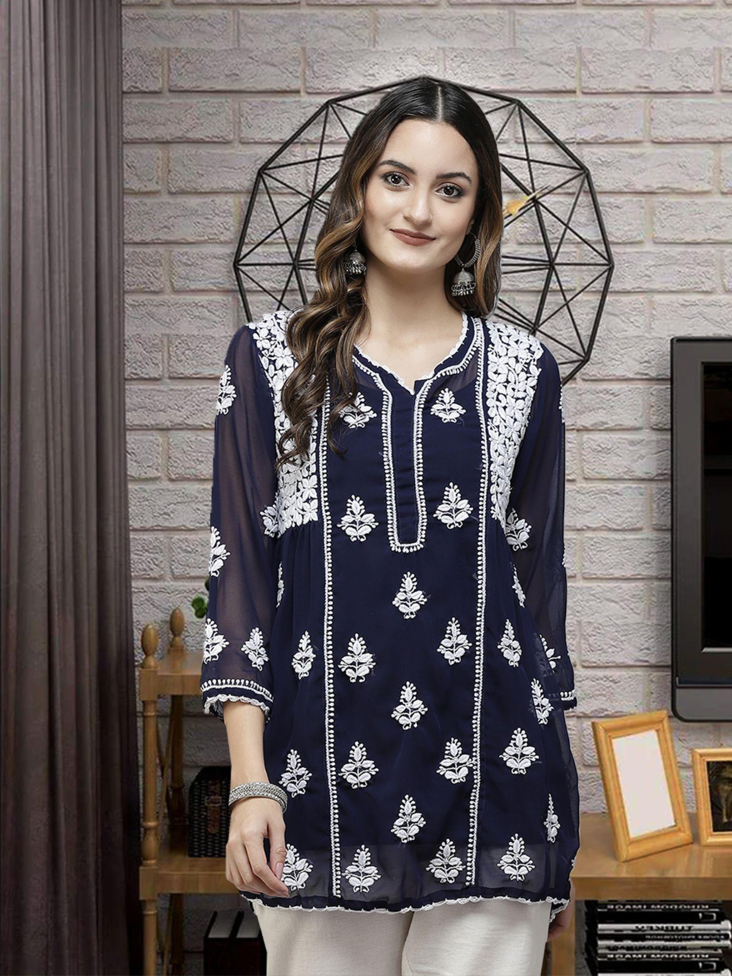 hand embroidered navy blue georgette lucknow chikankari kurti with slip (set of 2)