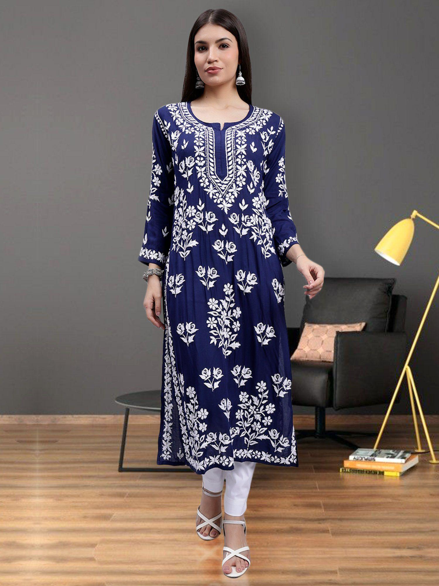 hand embroidered navy blue modal lucknowi chikankari kurta