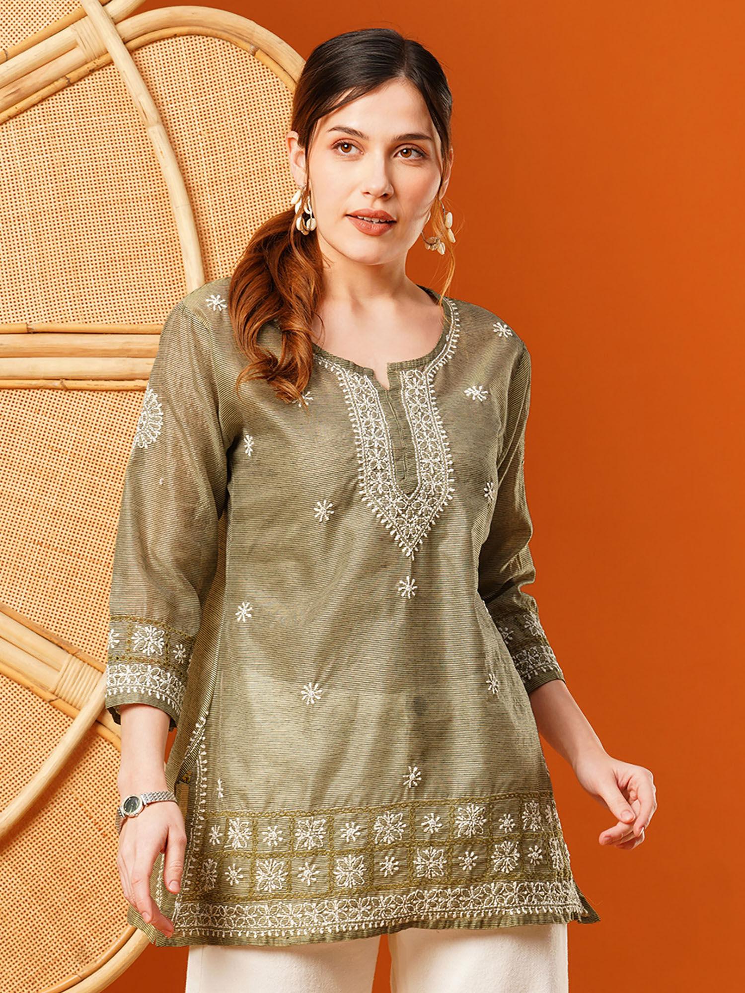 hand embroidered olive green chanderi lucknowi chikankari short kurti