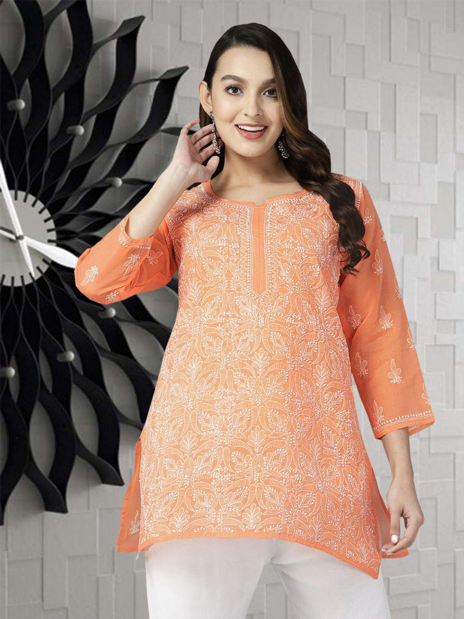 hand embroidered orange cotton lucknowi stylish chikankari kurti