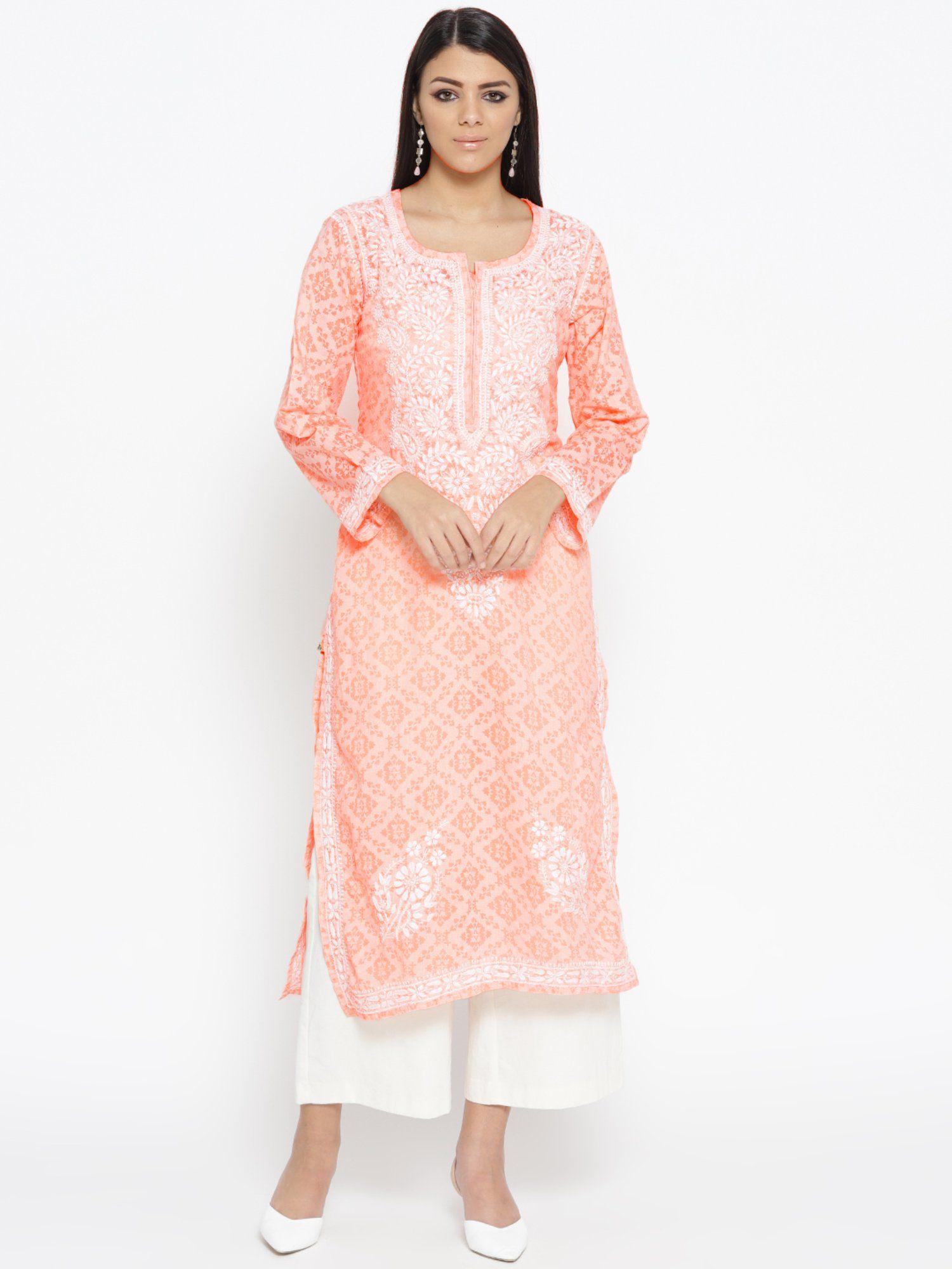 hand embroidered peach cotton lucknowi chikankari kurta