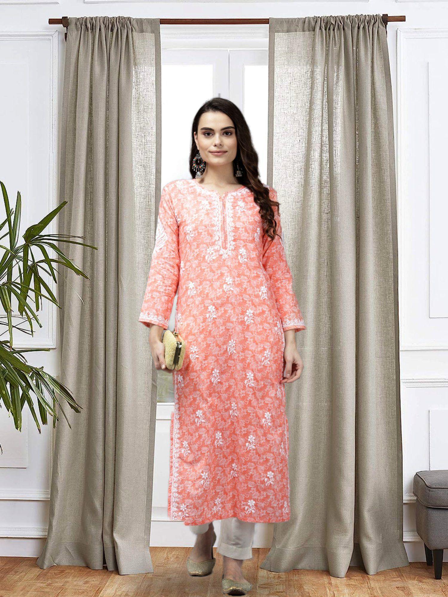 hand embroidered peach cotton traditional lucknow women chikankari kurta a411383