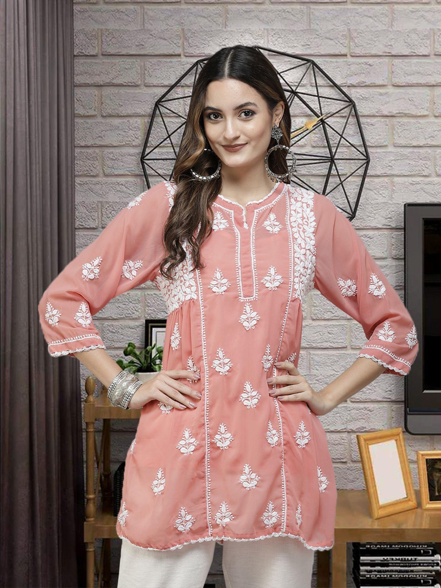 hand embroidered peach georgette lucknow chikankari kurti with slip (set of 2) [a911259]