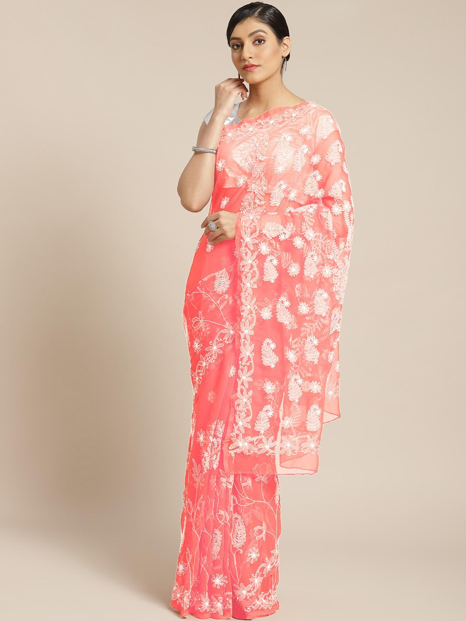 hand embroidered peach georgette lucknowi chikankari saree with unstitched blouse