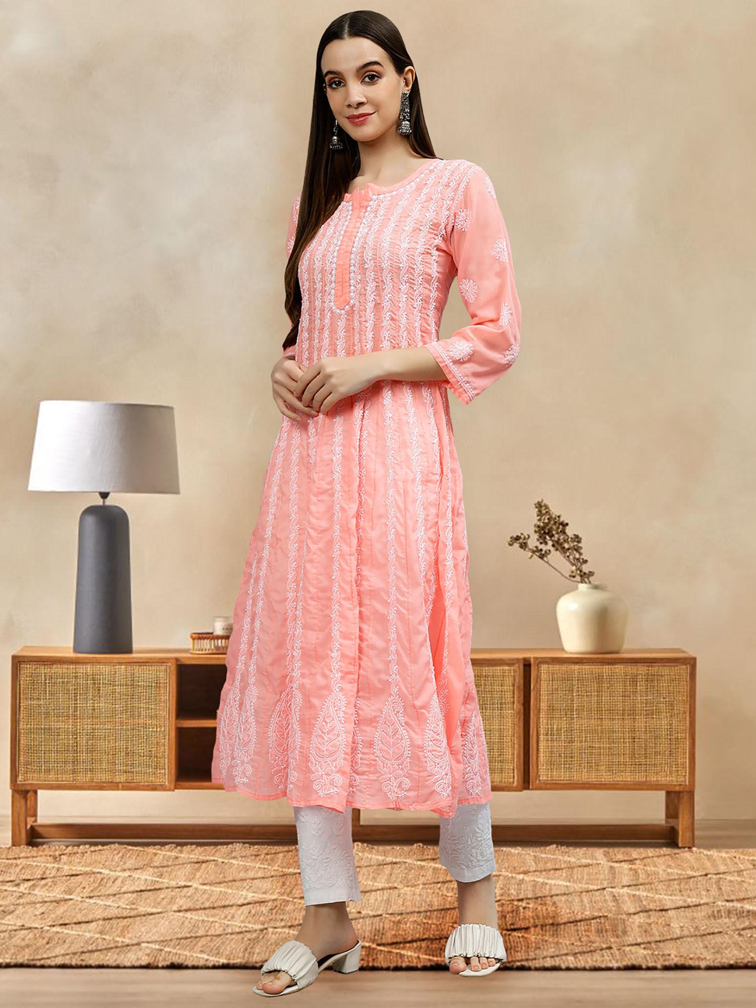 hand embroidered peach terivoil cotton lucknowi chikankari anarkali kurta