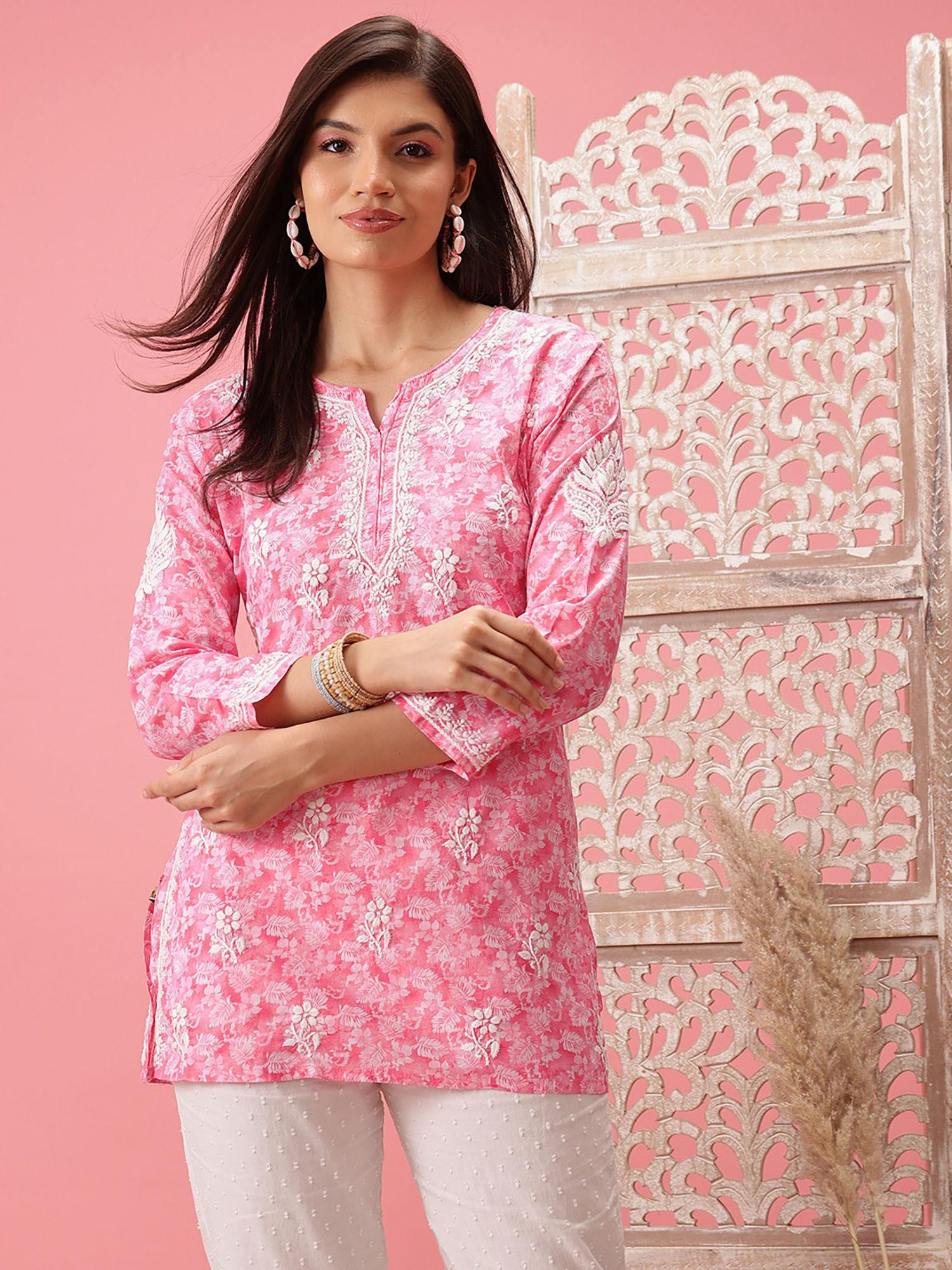 hand embroidered pink cotton lucknow women chikankari kurti a911207