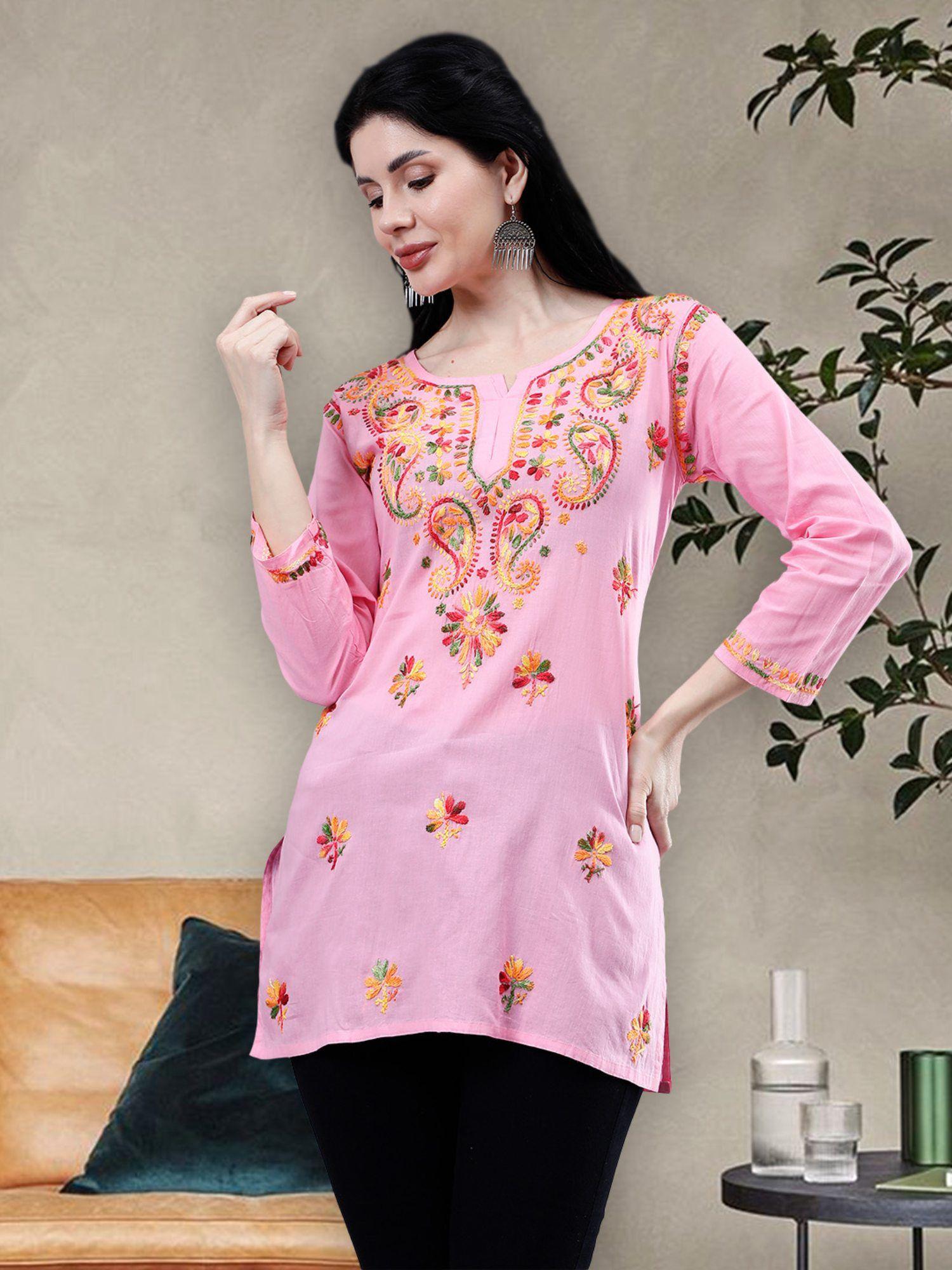 hand embroidered pink cotton lucknowi chikankari kurti