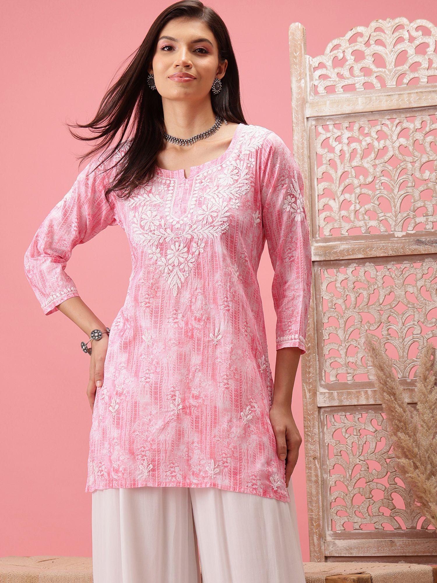 hand embroidered pink cotton lucknowi chikankari short kurti