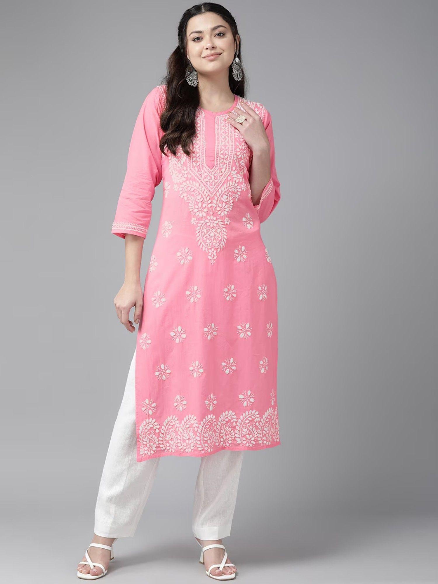 hand embroidered pink cotton lucknowi chikankari straight kurta