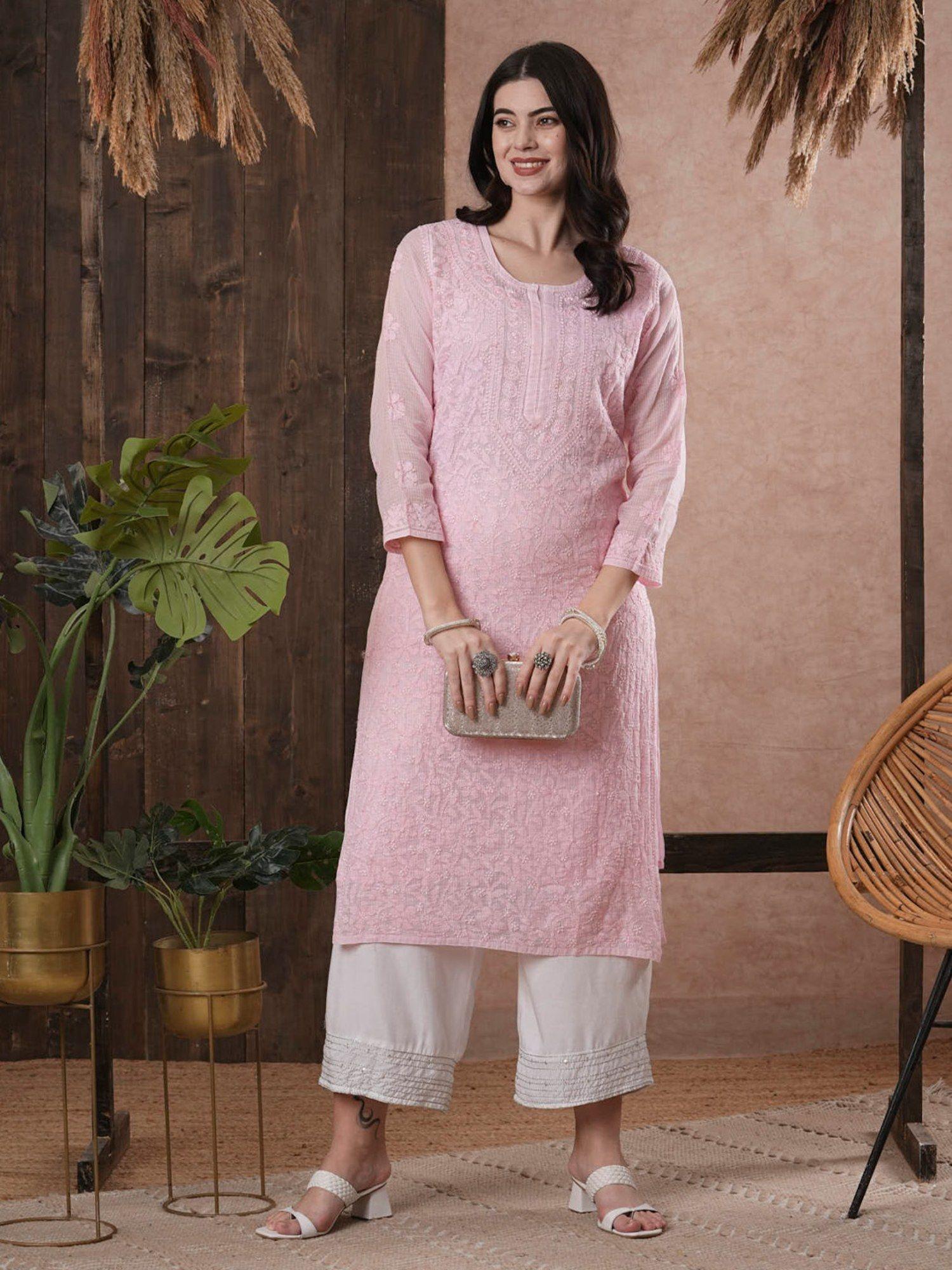 hand embroidered pink kota lucknow chikankari kurta with slip (set of 2) (xs) (a411213)