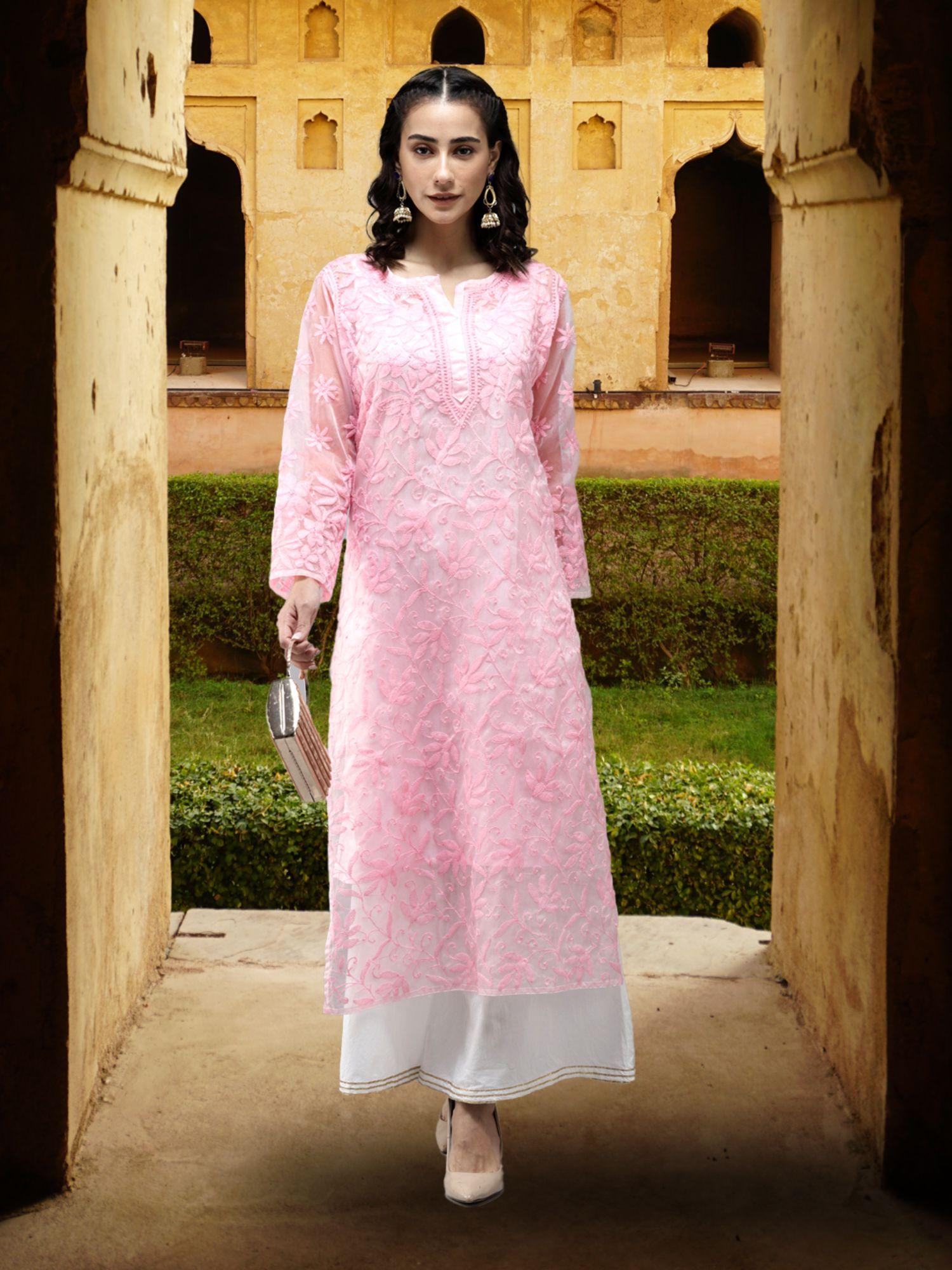 hand embroidered pink organza lucknowi chikankari kurta with slip (set of 2) (xs) (a411237)