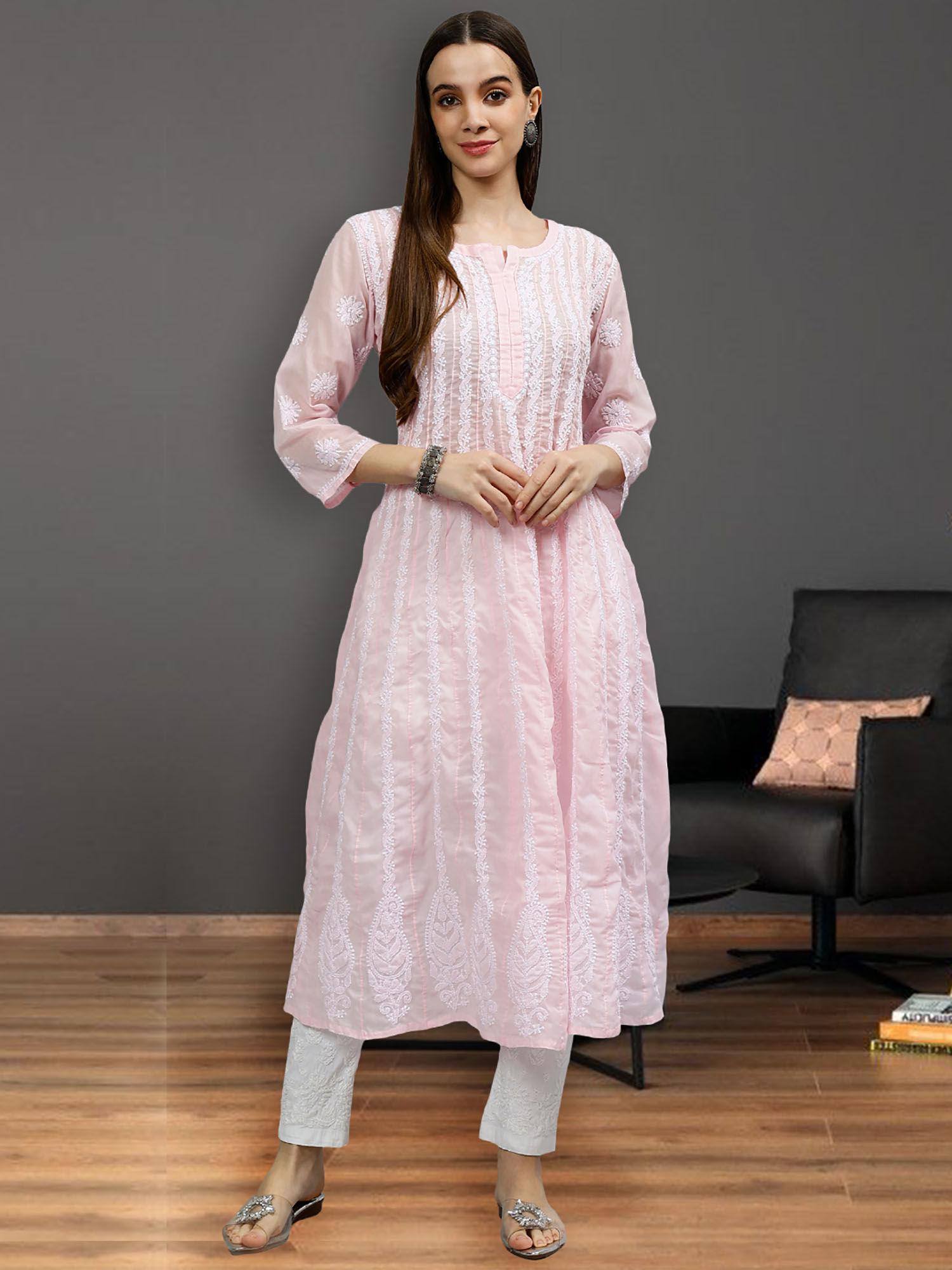 hand embroidered pink terivoil cotton lucknowi chikankari anarkali kurta