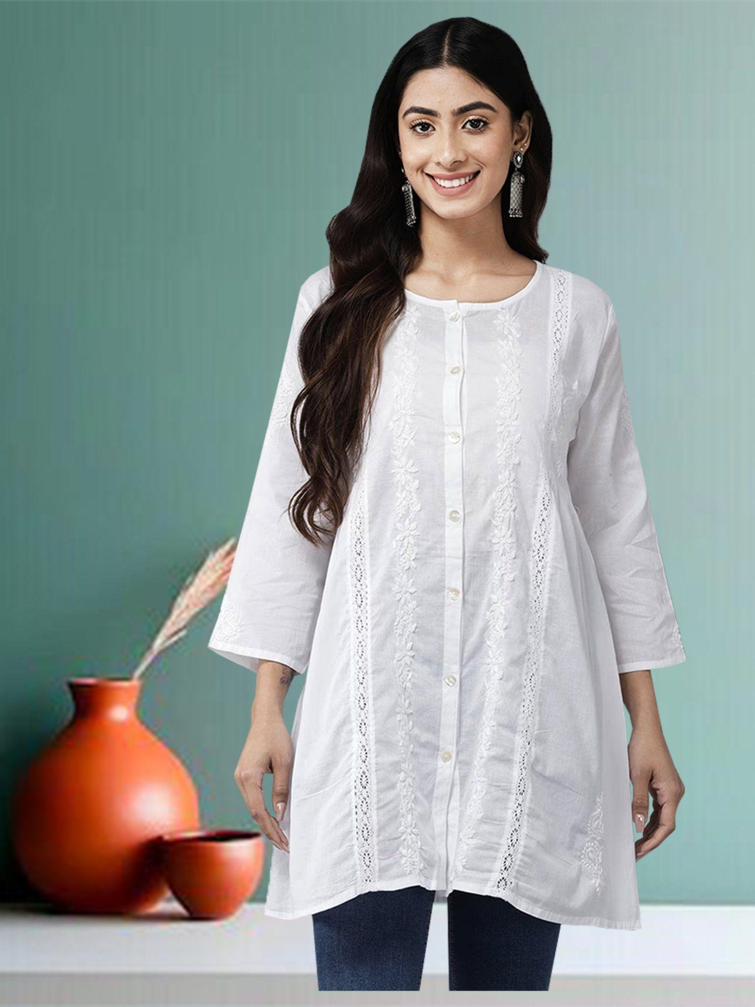 hand embroidered pure cotton white stylish lucknowi chikankari shirt