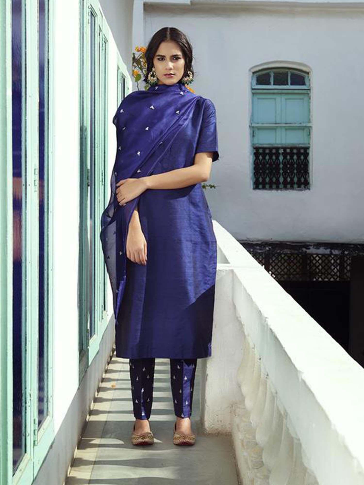 hand embroidered raw silk suit in navy blue with dupatta and silk pants (set of 3)