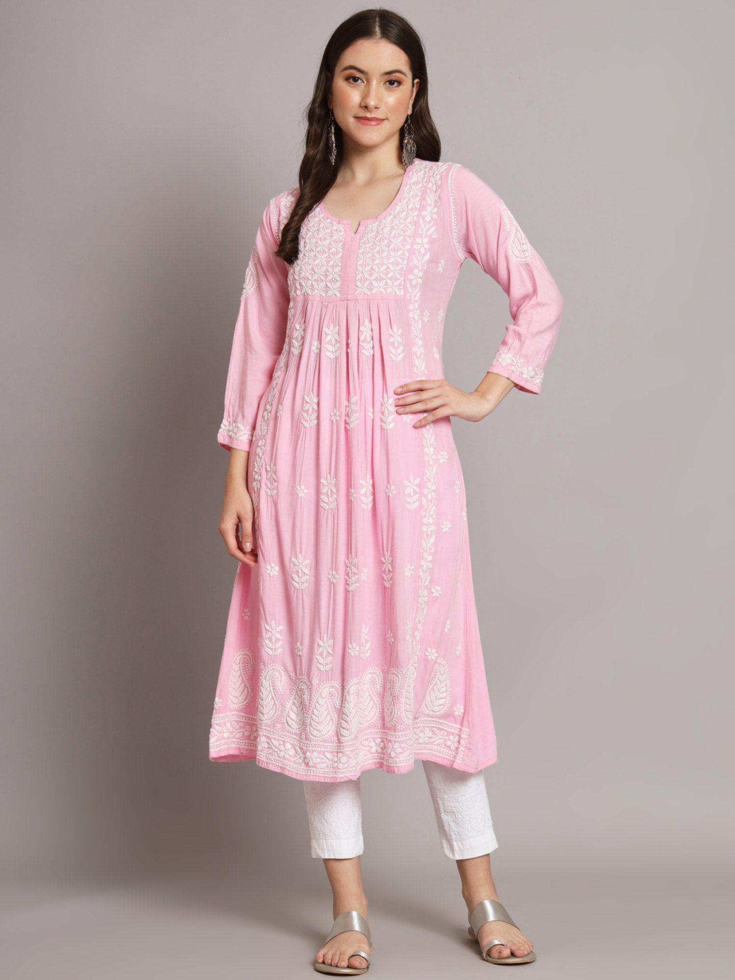 hand embroidered rayon baby pink lucknowi chikankari kurta