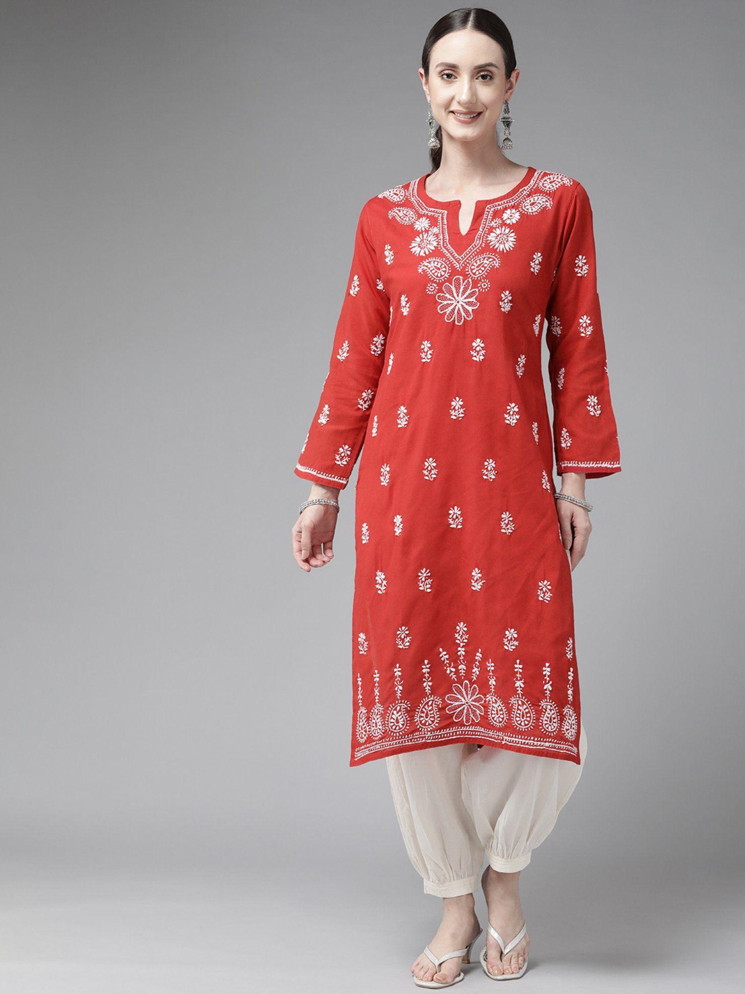 hand embroidered red cotton lucknowi chikankari kurta