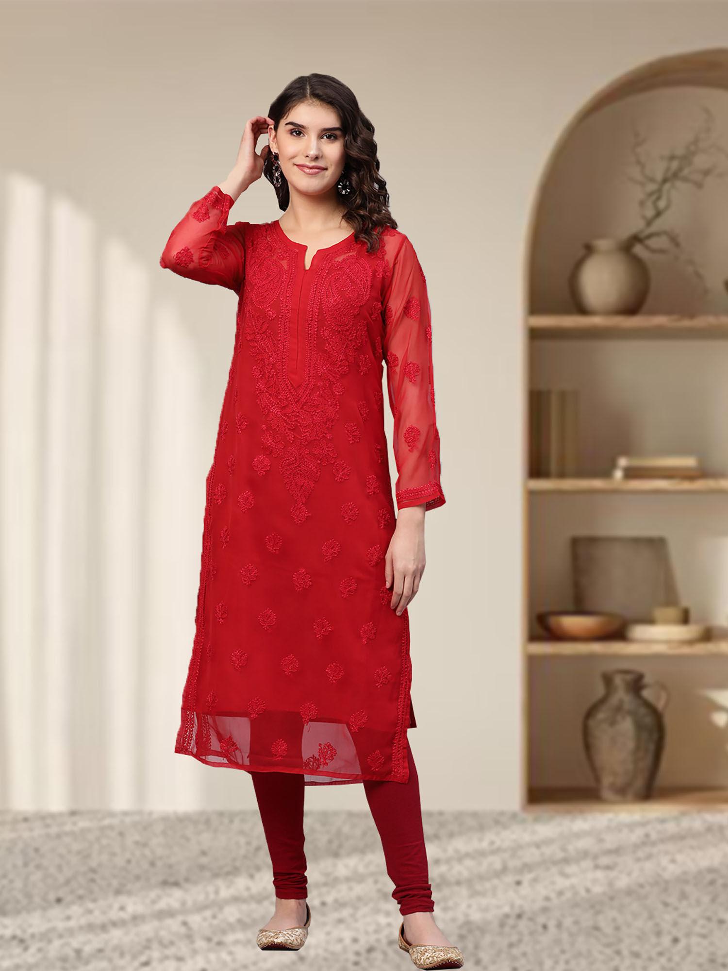 hand embroidered red georgette lucknow chikan kurta with slip (set of 2) (xs) (a141508)