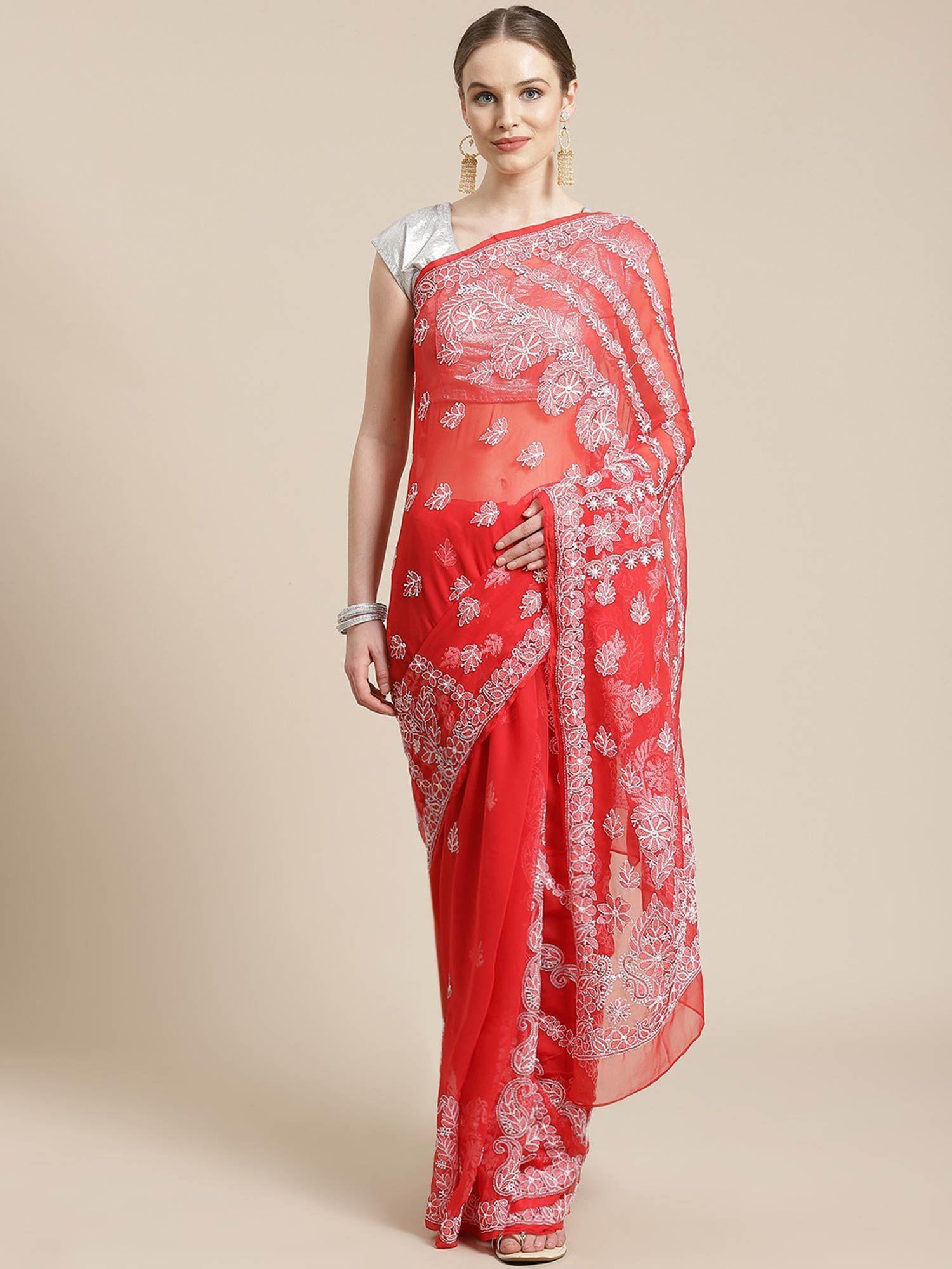 hand embroidered red georgette lucknow chikan saree- a311237 (a311237)