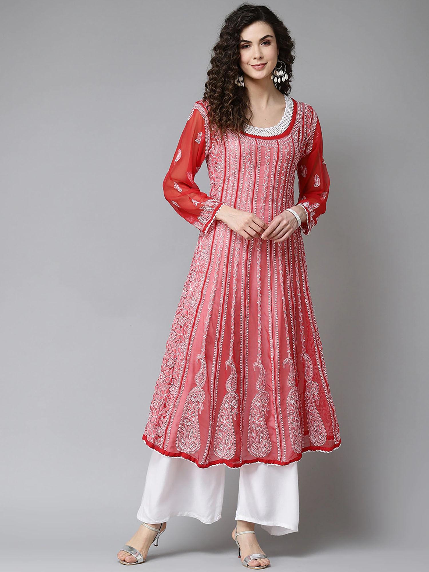 hand embroidered red georgette lucknow chikankari anarkali kurta (xs) (a411203)