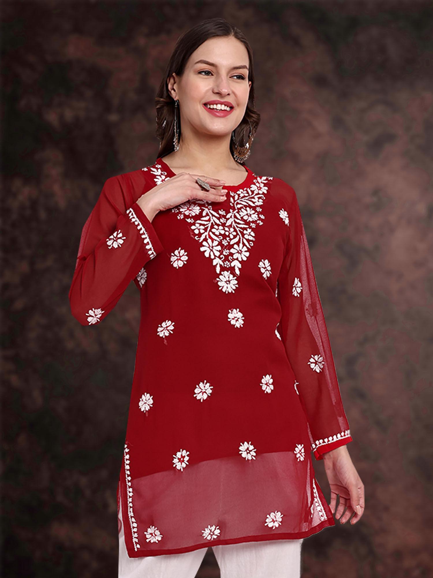 hand embroidered red georgette lucknow chikankari kurti [a911354]