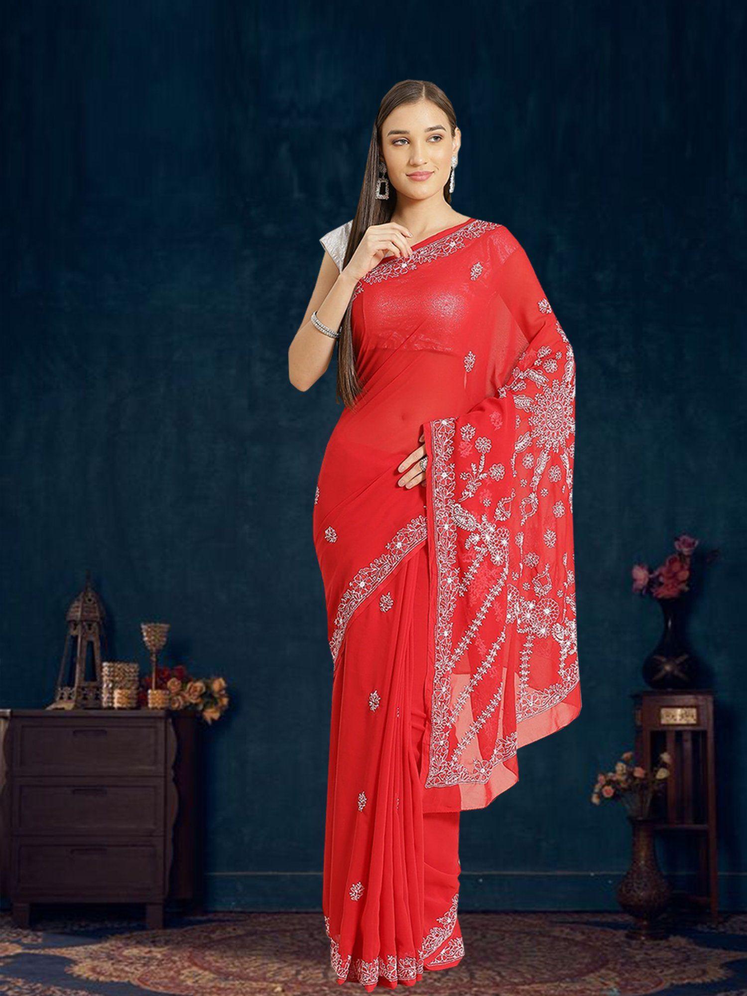 hand embroidered red georgette lucknow chikankari saree with unstitched blouse [a138793]