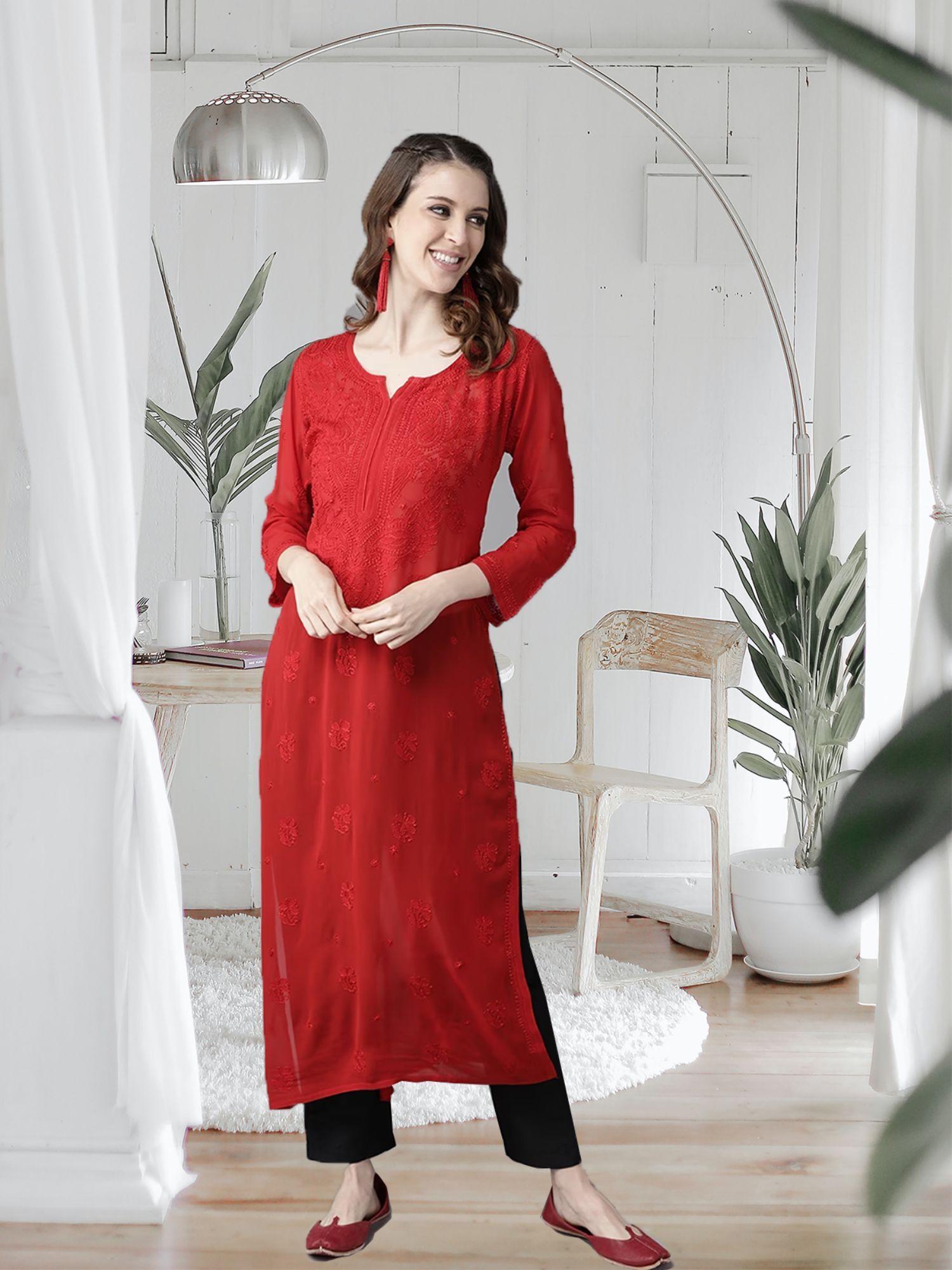 hand embroidered red georgette lucknowi chikan kurta (xs) (a411184)