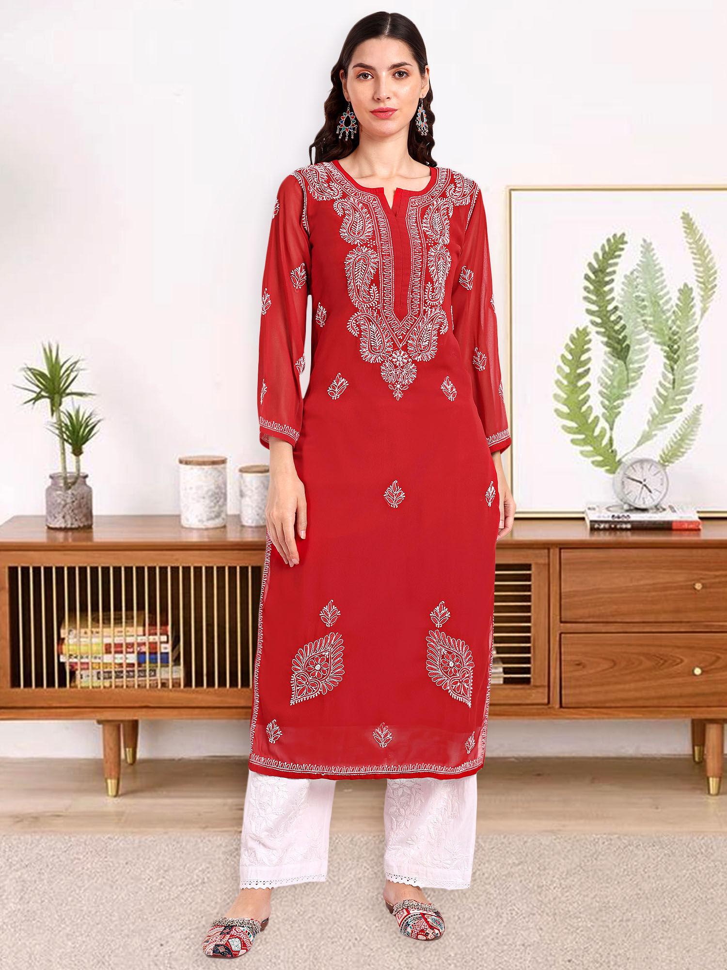 hand embroidered red georgette lucknowi chikankari kurta with inner (set of 2)