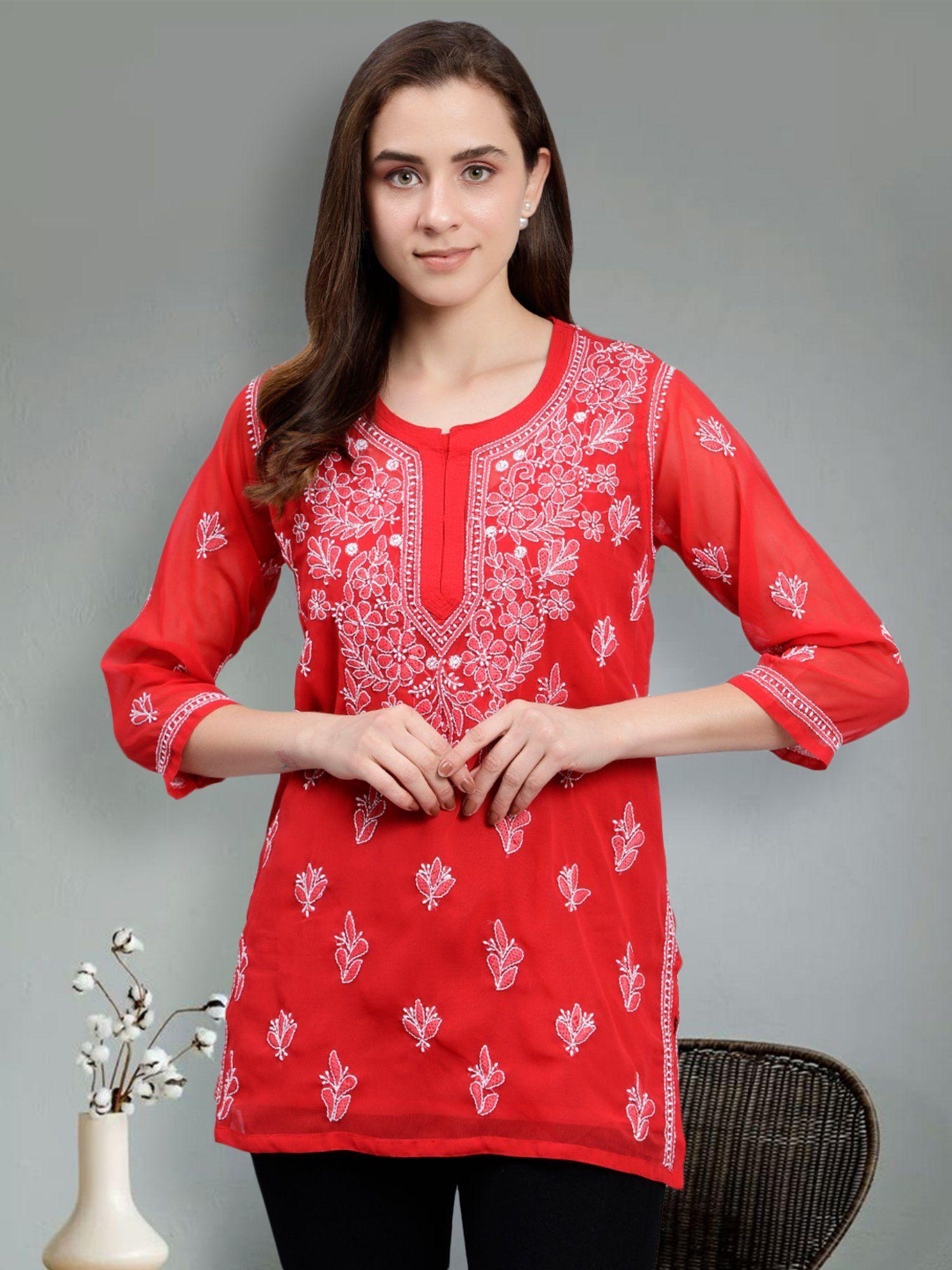 hand embroidered red georgette lucknowi chikankari kurti with slip (set of 2)