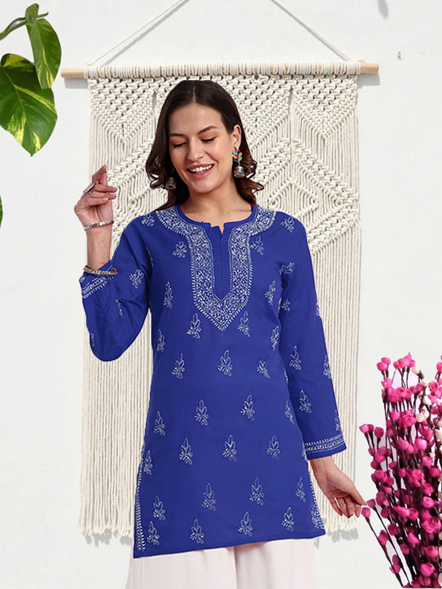 hand embroidered royal blue cotton lucknow chikankari kurti [a911356]