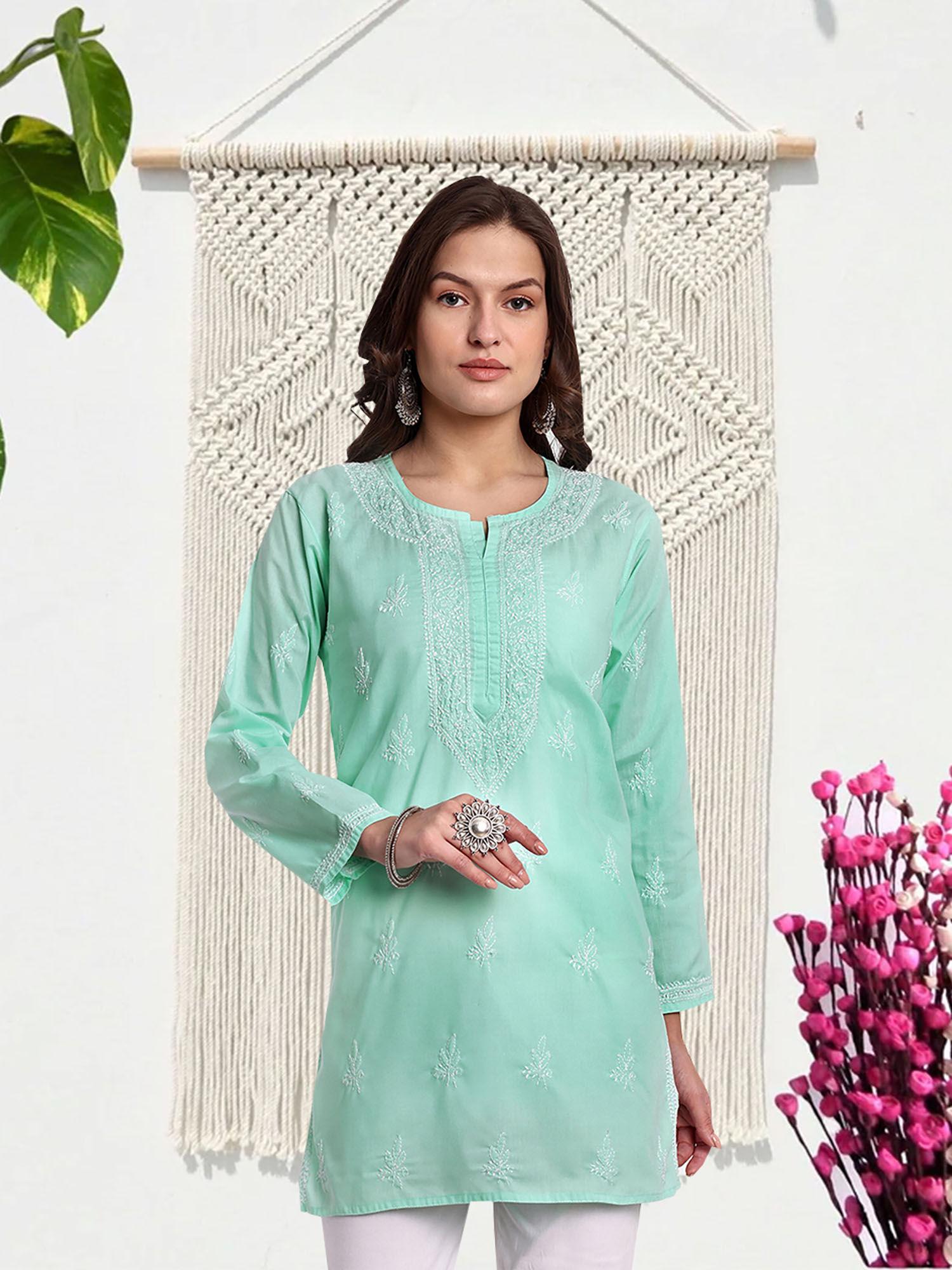 hand embroidered sea green cotton lucknow chikankari kurti [a911339]